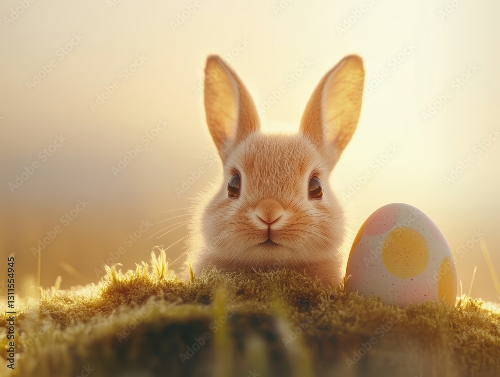 Obraz premium Cute rabbit sitting beside colorful Easter egg in a sunny meadow during spring mornings