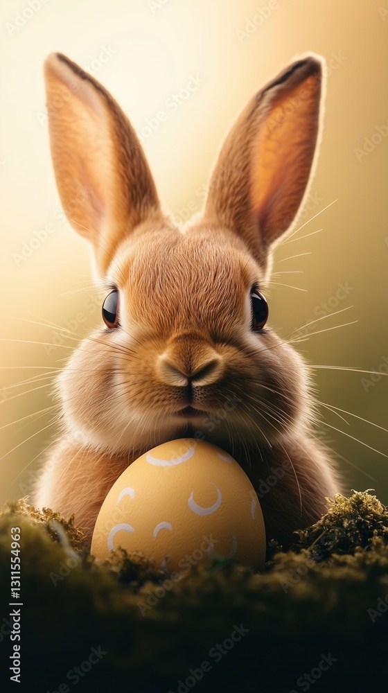 Obraz premium Cute rabbit holding a decorated yellow Easter egg in a serene natural setting at dawn