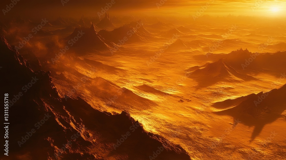 Fototapeta premium Surreal Landscape with Fiery Orange Skies and Dramatic Rocky Formations