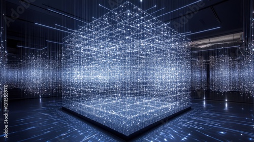 Against a deep blue background, blue and white lines intertwine to form an ab...