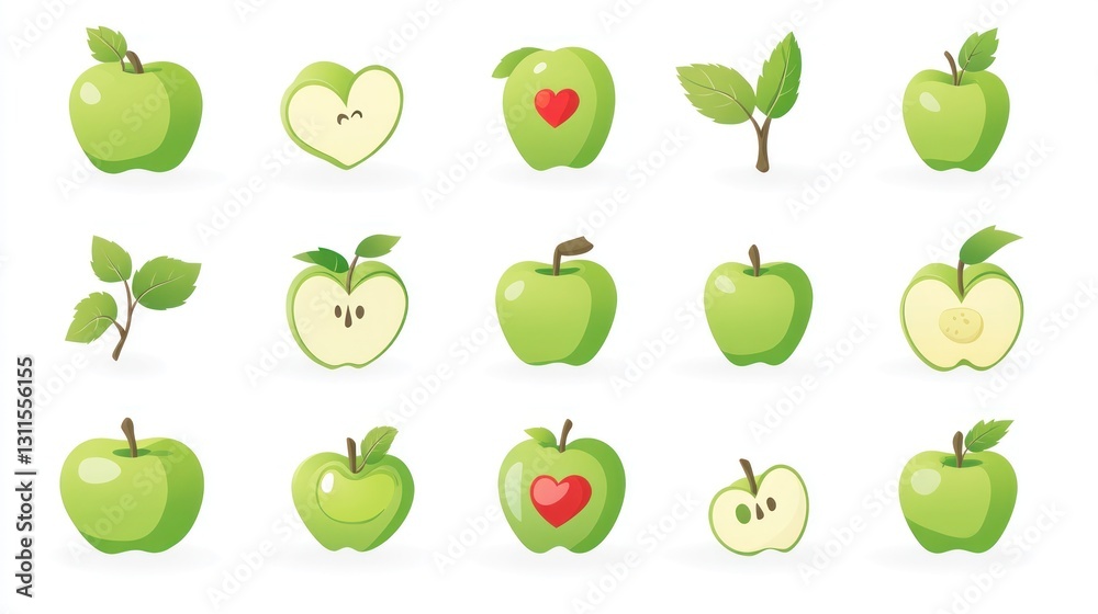 Collection of green apples, slices, and leaves; illustrations. Possible use stock photo Collection of green apples, slices, and leaves; illustrations. Possible use stock photo