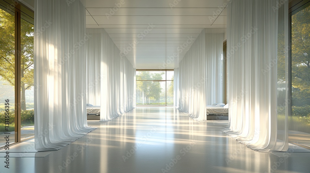 Modern Tranquil Corridor with Windows, Sunlight, and Beds Modern Tranquil Corridor with Windows, Sunlight, and Beds