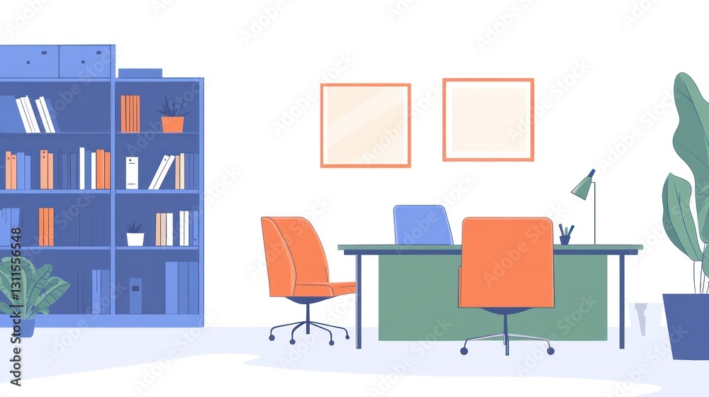 Modern Office Interior, Empty Desk, Bookshelves, Plants Modern Office Interior, Empty Desk, Bookshelves, Plants