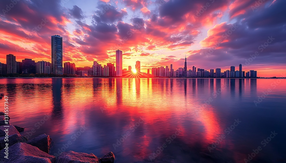 Fototapeta premium Vibrant city sunrise reflected in calm water.