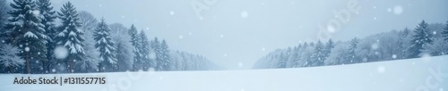 Heavy snowfall in winter landscape with snowflakes falling from gray sky, serene, whiteout