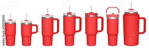 Thermo cup with handle and straw. 14, 30, 40, 64 oz. Travel thermos. Set of red mugs. Tumbler or quencher