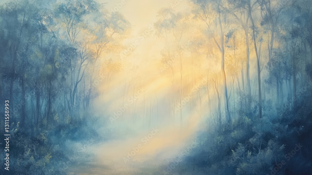 Naklejka premium Serene Misty Forest Scene with Soft Light Rays Illuminating a Tranquil Landscape at Dawn