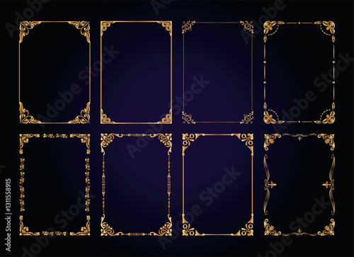 Decorative gold frames. Retro calligraphic ornamental frame, vintage golden rectangle ornaments, and ornate border. Decorative wedding frames, antique museum isolated image borders.	
