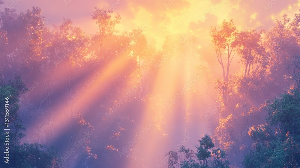 Naklejka premium Ethereal Sunlight Rays Piercing Through Misty Forest Canopy at Dawn in Magical Atmosphere