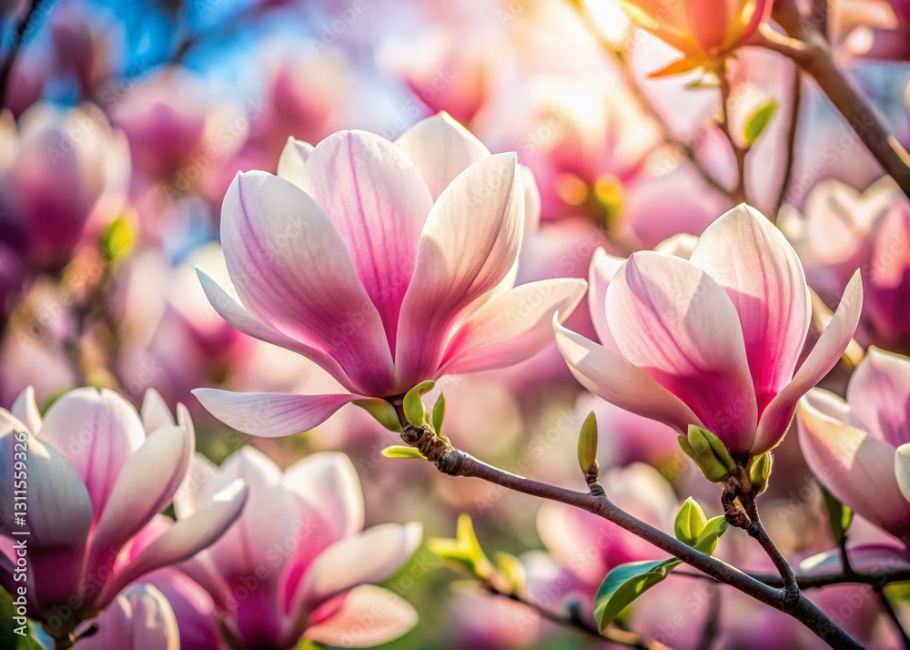 Spring Magnolia Blossoms: Candid Close-Up Photo of Delicate Pink and White Magnolia Flowers Spring Magnolia Blossoms: Candid Close-Up Photo of Delicate Pink and White Magnolia Flowers