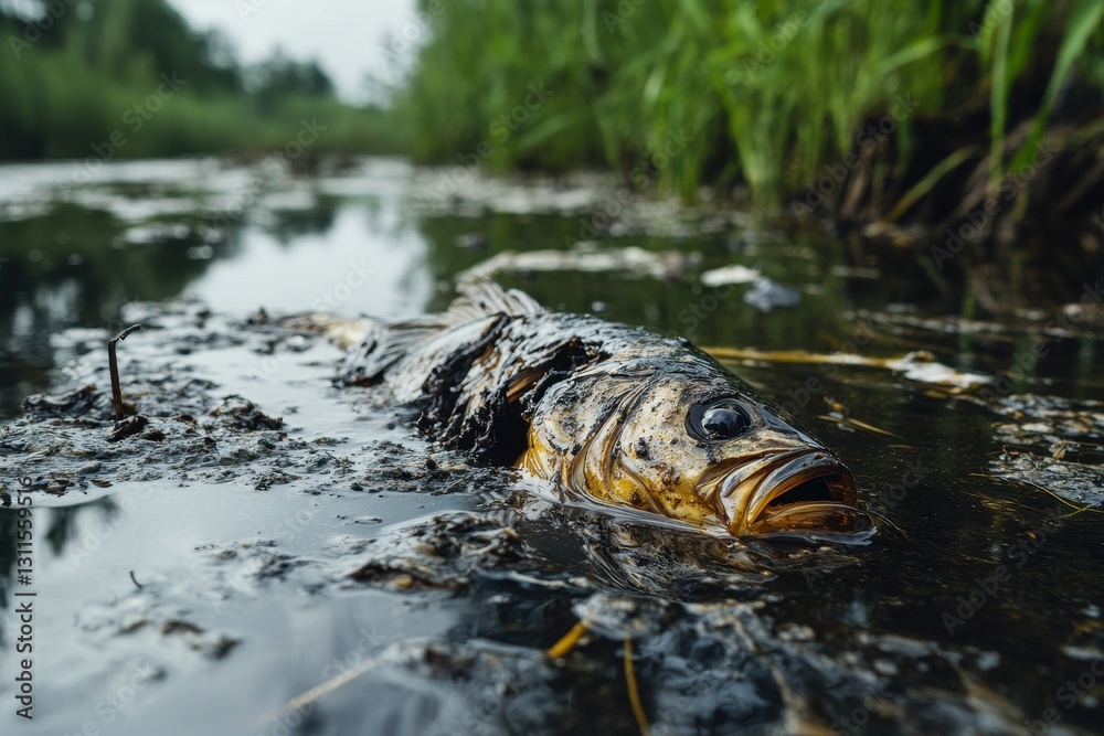 Fototapeta premium Contaminated water surface showing the devastating effects of oil and chemical toxins on marine life.