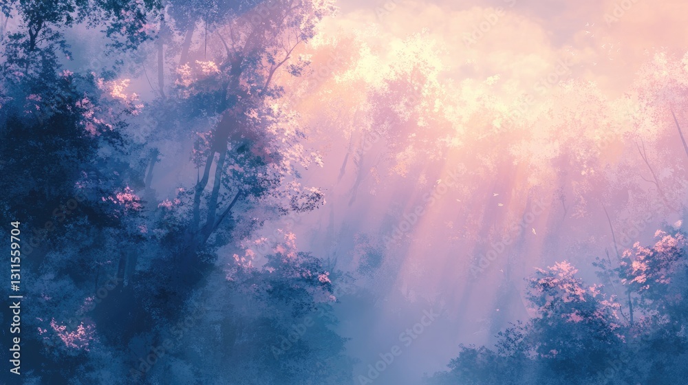 Fototapeta premium Ethereal Forest Landscape with Soft Light and Misty Atmosphere During Dawn in Nature