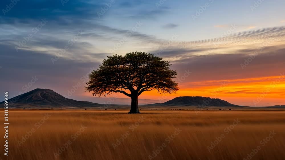 Solitary Tree at Sunset in the African Savanna Solitary Tree at Sunset in the African Savanna