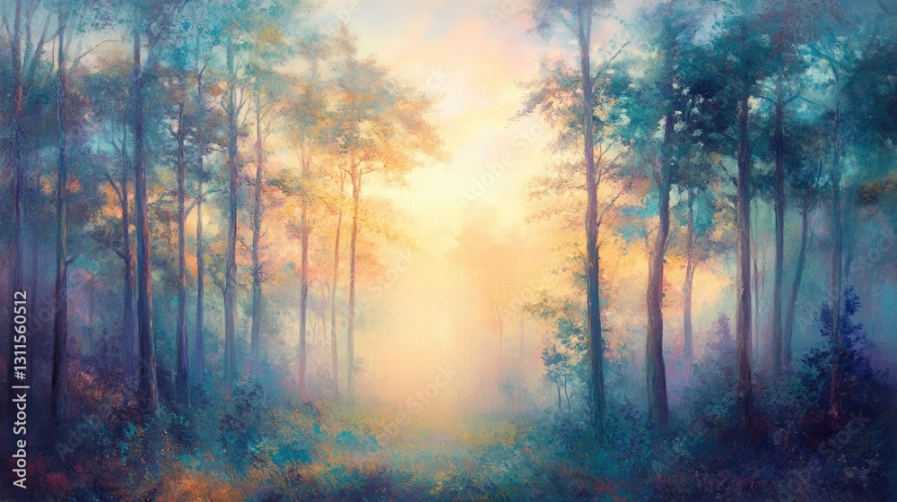 Serene Misty Forest Landscape at Dawn with Soft Light Filtering Through Trees Serene Misty Forest Landscape at Dawn with Soft Light Filtering Through Trees