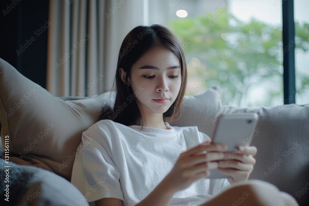 Young Woman Relaxing on Sofa Using Smartphone Modern Home Interior App Girl Cozy Media Happy Mobile Young Woman Relaxing on Sofa Using Smartphone Modern Home Interior App Girl Cozy Media Happy Mobile