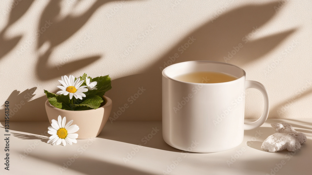A peaceful composition featuring a white mug of tea, daisies, and soft shadows, evoking calm and tranquility. A peaceful composition featuring a white mug of tea, daisies, and soft shadows, evoking calm and tranquility.