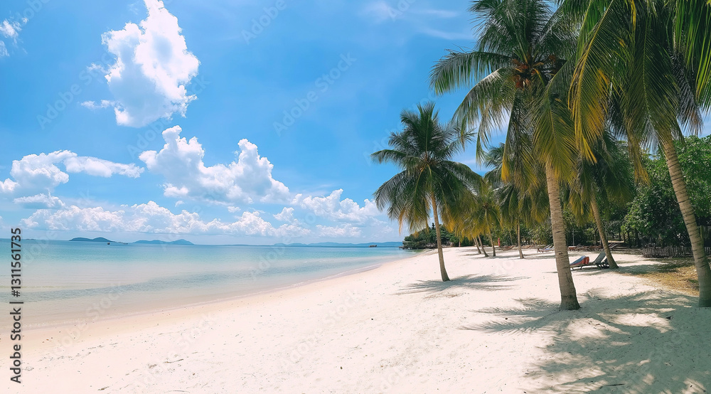 Tropical Beach Paradise with Turquoise Waters & Swaying Palm Trees – Serene Coastal Landscape with Blue Sky, White Clouds & Soft Beige Sand – Relaxing Vacation Destination & Nature Escape Tropical Beach Paradise with Turquoise Waters & Swaying Palm Trees – Serene Coastal Landscape with Blue Sky, White Clouds & Soft Beige Sand – Relaxing Vacation Destination & Nature Escape