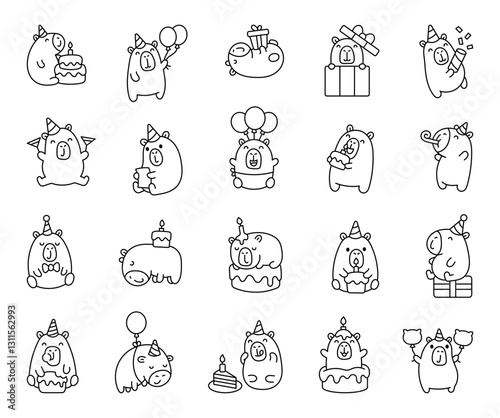 Adorable capybara birthday set featuring cute characters with party hat, cake, balloons, gift, confetti, candle, greeting cards, and festive accessories in various joyful poses
