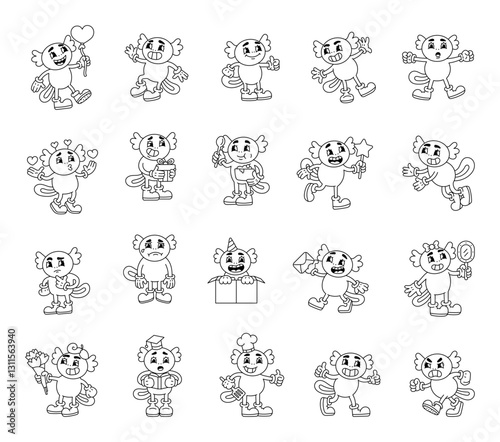 Axolotl retro character set featuring various emotions and accessories, including gloves, boots, a magic wand, a graduation cap, a party hat, and more in a groovy cartoon style