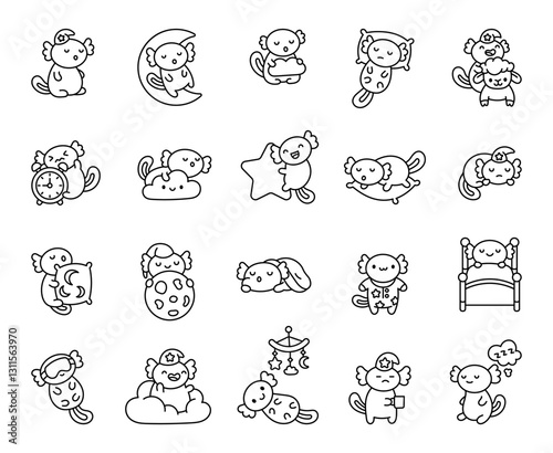 Adorable axolotl night sleep set featuring cute bedtime moments with pillows, clouds, stars, and cozy resting positions in a charming kawaii cartoon style and for yours projects