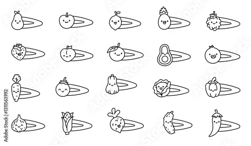 A set of adorable fruit and vegetable hair clips with a cute outline illustration, perfect for stylish fashion, kids accessories, and decorative elements for yours design projects