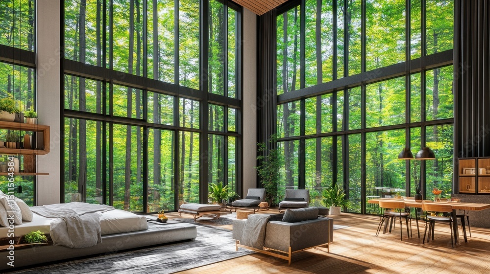 Modern open-plan home with floor-to-ceiling windows overlooking lush forest. Modern open-plan home with floor-to-ceiling windows overlooking lush forest.