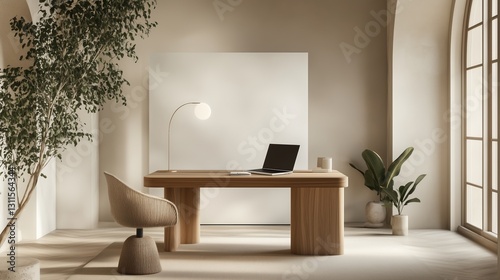 Minimalist wooden desk setup modern chair lamp AI generated