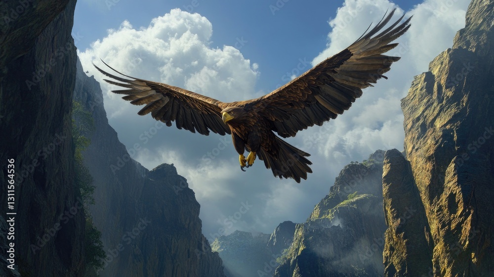 Fototapeta premium Majestic Eagle Soaring Above Dramatic Mountain Landscape with Clouds and Rocky Terrain