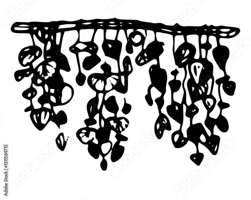 Hanging plants on the stick vector whimsical line sketch on isolated background. Linear contour illustration vine naive floral art for logotype or contemporary design. Monochrome contour drawing.