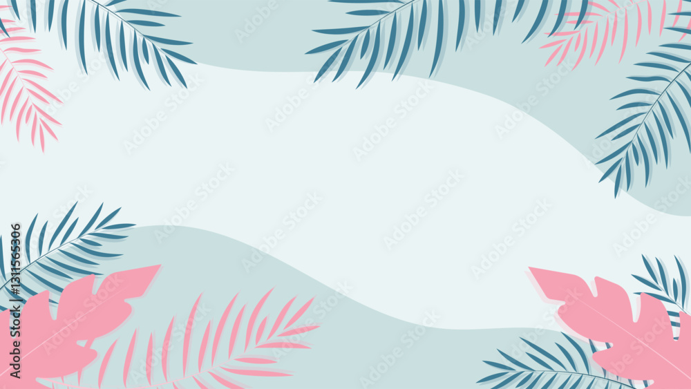 Obraz premium Aesthetic tropical summer background featuring abstract palm leaves in pink and blue shades. Perfect for digital designs, invitations, wallpapers, and creative projects.