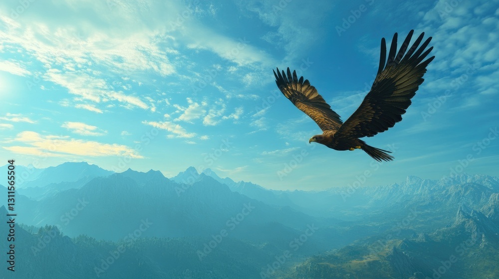 Obraz premium Majestic eagle soaring over majestic mountains and serene landscape under a vibrant blue sky at sunset.