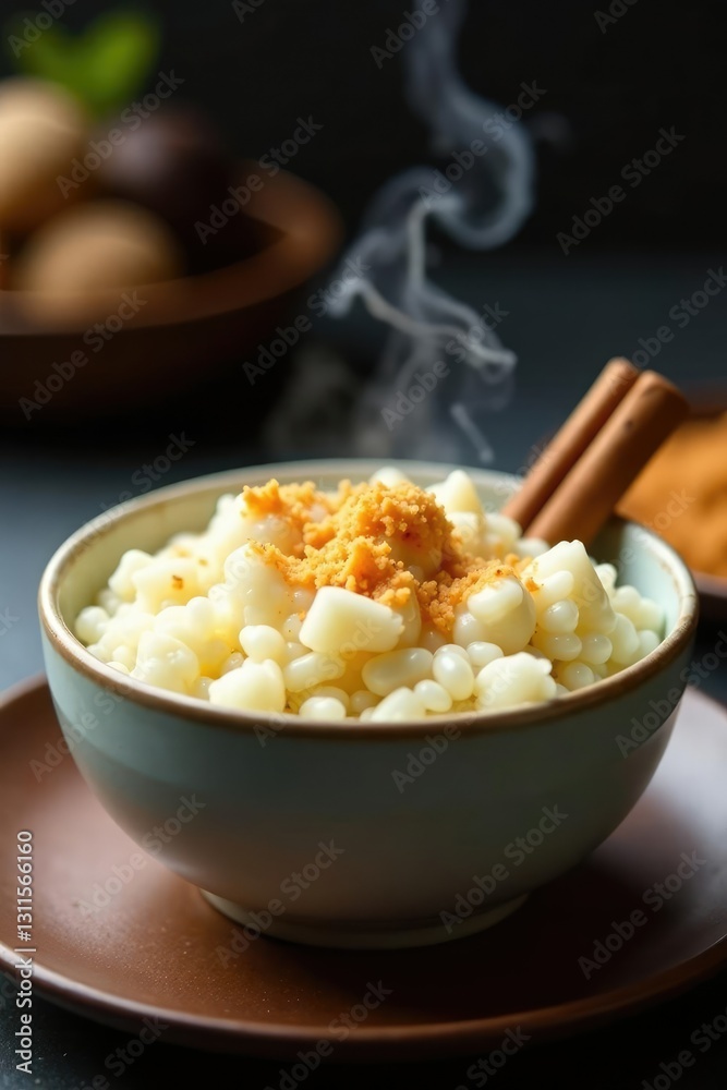 Steaming bowl of creamy rice pudding with cinnamon sticks, steamy, cream, rice Steaming bowl of creamy rice pudding with cinnamon sticks, steamy, cream, rice