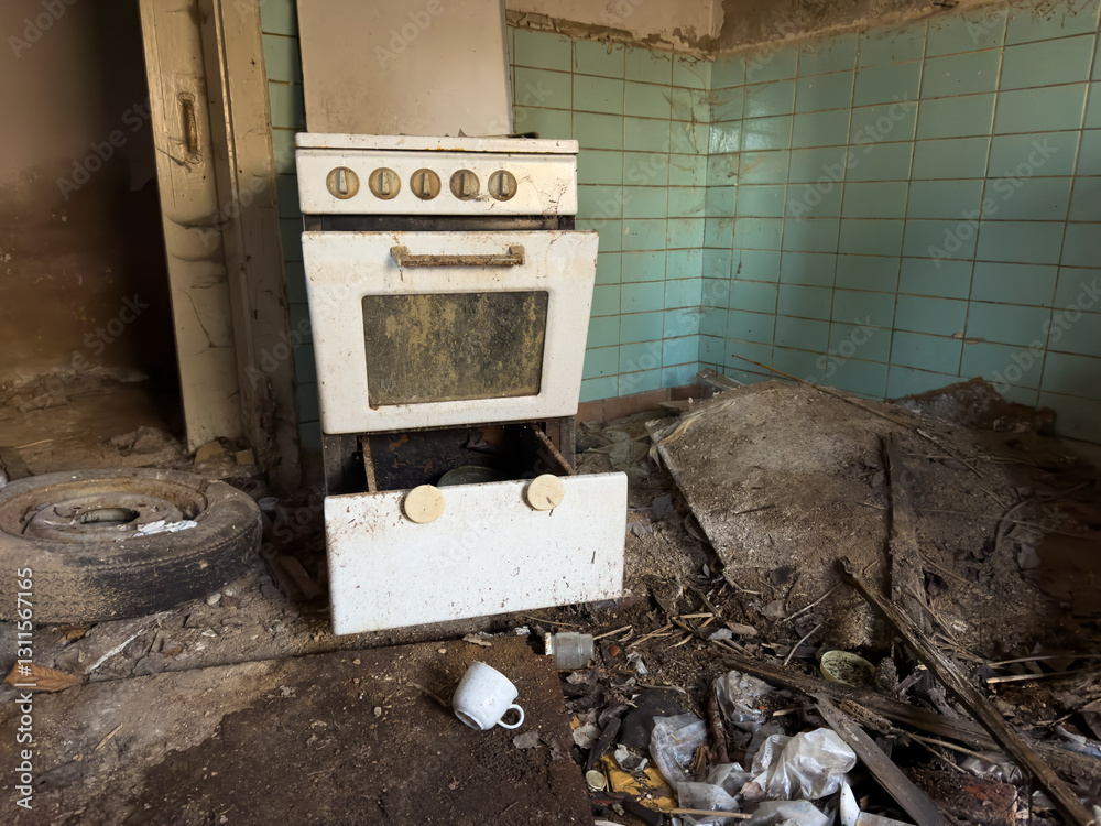 gas stove in the kitchen in an old dilapidated demolished house