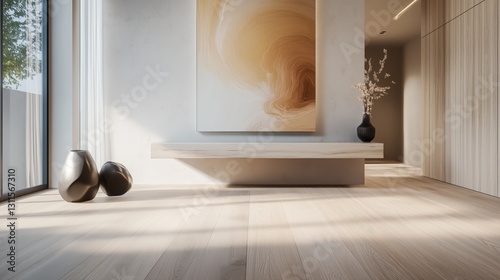 Modern hallway design features wood flooring abstract art and console table. AI generated