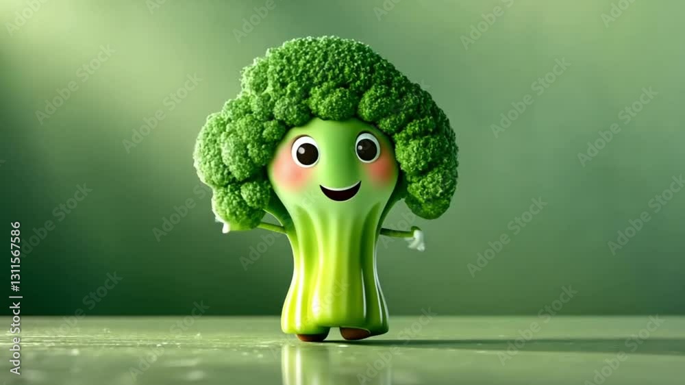 Cute broccoli character dancing on green surface
