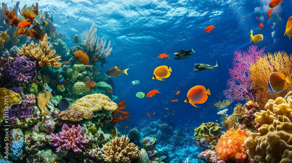 Obraz premium In a vibrant underwater world, a brilliant and rich society of aquatic life thrives in harmony among the colorful reefs.