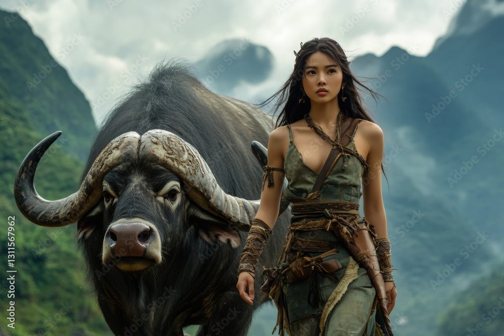 Obraz premium Guardian and Beast: A resolute young woman strides confidently alongside a powerful water buffalo amidst a rugged mountain landscape, capturing a sense of primal bond and untamed beauty.