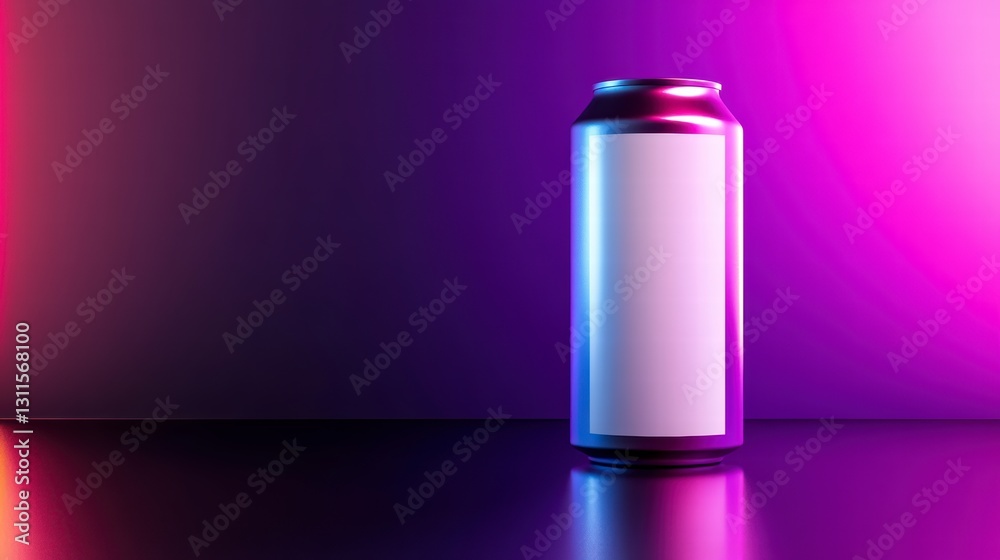 Vibrant Beverage: A sleek, metallic can, bathed in a spectrum of neon light, sits on a reflective surface, exuding a futuristic, stylish aesthetic, perfect for product presentation. Vibrant Beverage: A sleek, metallic can, bathed in a spectrum of neon light, sits on a reflective surface, exuding a futuristic, stylish aesthetic, perfect for product presentation.