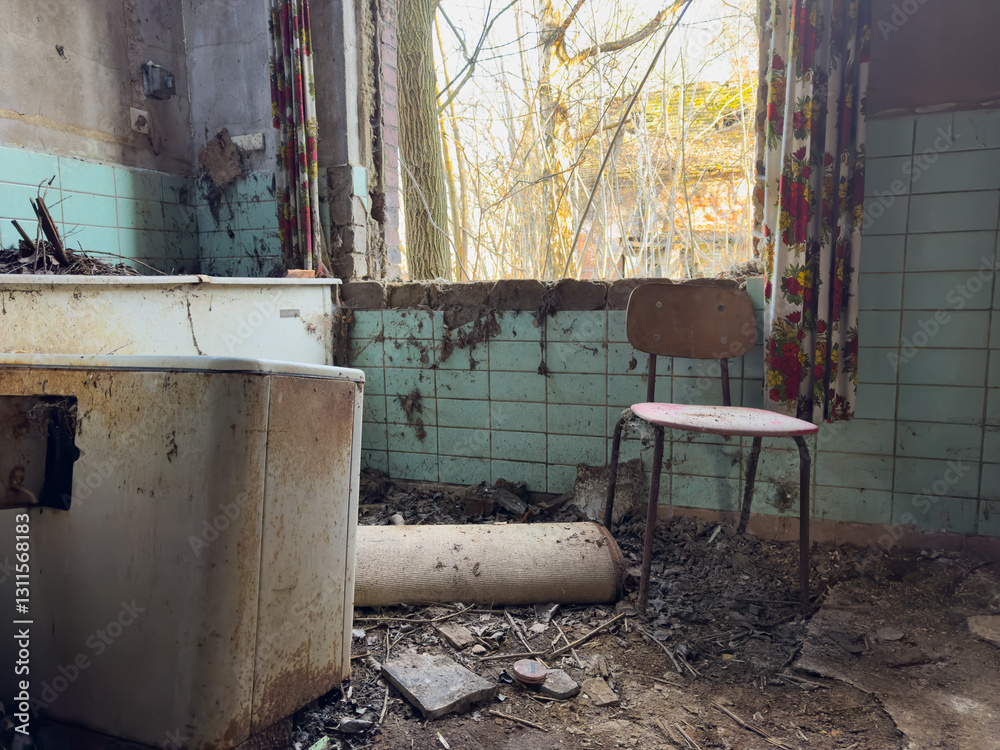 abandoned factory building with red chair and old kitchen appliances in vintage style design
