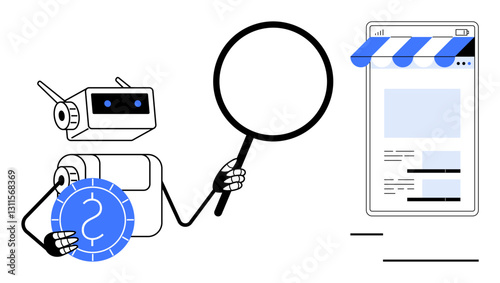 Robot examining e-commerce website with magnifying glass and holding digital currency. Ideal for AI, e-commerce, fintech, automation, blockchain, SEO, digital transformation. Flat simple metaphor