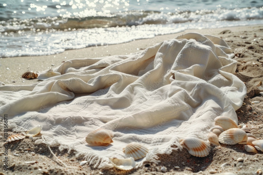 Seashells on sandy beach with cloth in soft lighting. AI image Seashells on sandy beach with cloth in soft lighting. AI image