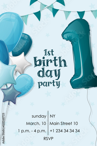 boy birthday invitation with inflatable balloons in the shape of stars and number one in blue flowers