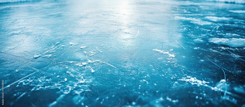 Blue ice surface texture on a skating rink with scratched patterns and reflections in the center, creating a cool and serene winter atmosphere. Blue ice surface texture on a skating rink with scratched patterns and reflections in the center, creating a cool and serene winter atmosphere.