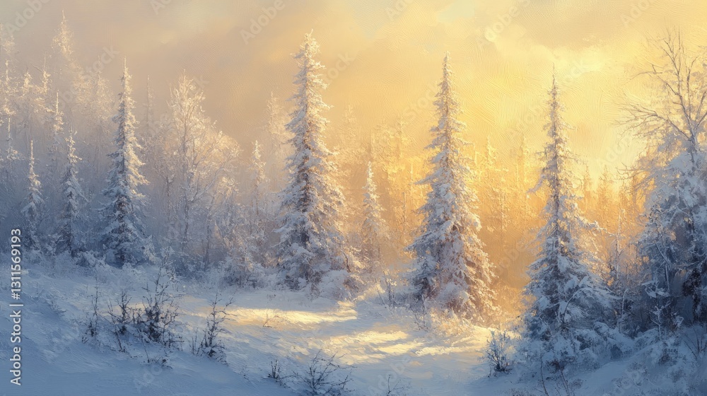 Winter Landscape with Snowy Pine Trees and Golden Light at Sunrise in a Serene Forest Setting Winter Landscape with Snowy Pine Trees and Golden Light at Sunrise in a Serene Forest Setting