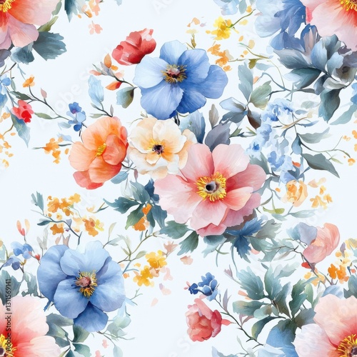Charming floral pattern with different flower types creating a delightful and colorful design Seamless Texture