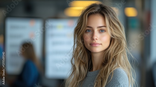 Wallpaper Mural Young woman with long hair and blue eyes poses confidently in a modern indoor space during the day Torontodigital.ca