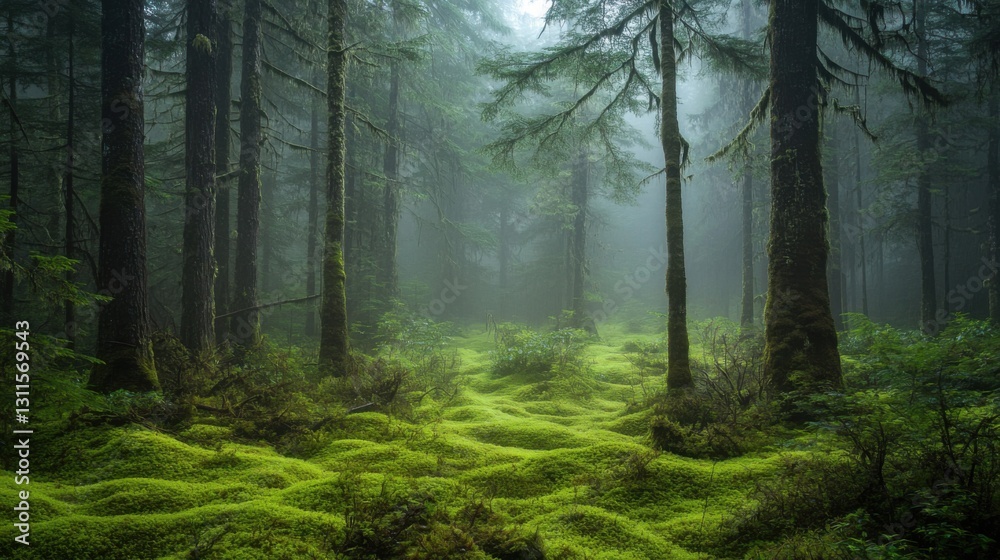 Fototapeta premium Green mossy ground in forest. Tall trees stand in fog. Nature scene with peaceful mood. Landscape with dark forest floor.
