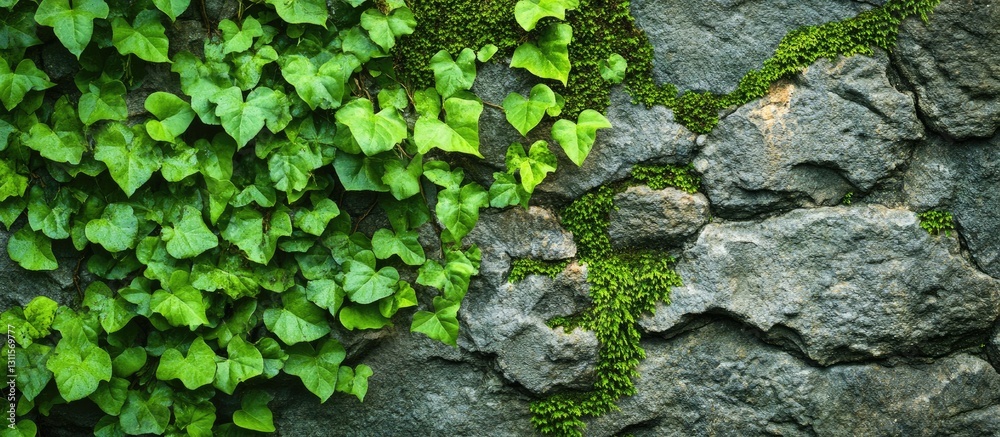 Bright green ivy leaves intertwined with textured gray stone wall covered in moss providing a natural earthy backdrop for design projects. Bright green ivy leaves intertwined with textured gray stone wall covered in moss providing a natural earthy backdrop for design projects.