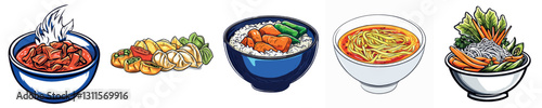Tasty Food Bowls with Noodles Rice and Vegetables