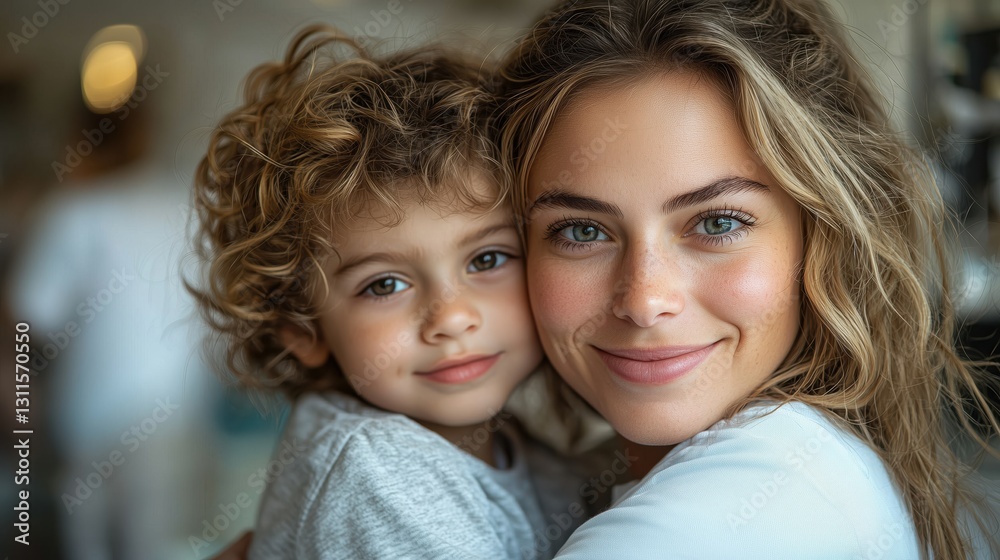 Smiling mother holds her child close in a cozy indoor setting filled with warm light Smiling mother holds her child close in a cozy indoor setting filled with warm light